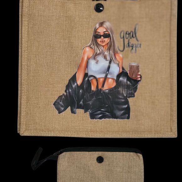botique Handbags - Stylish Tan Tote Bag with Graphic Design